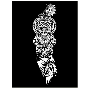 Jormungandr serpent with Celtic knot, wolf and sun moon symbols, Norse mythology vector illustration