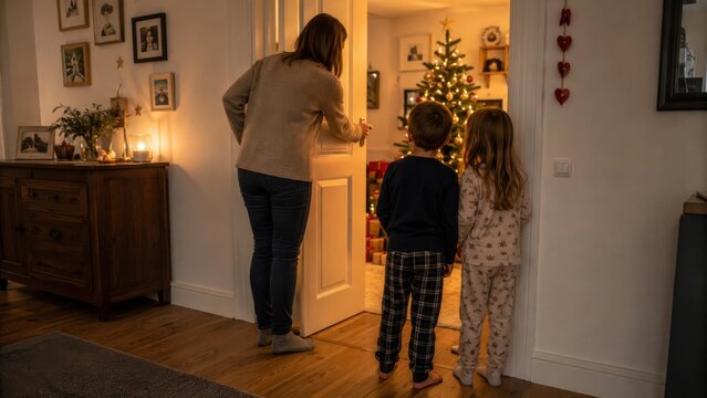 Mutter &ouml;ffnet Kindern an Heiligabend die T&uuml;r zum festlich geschm&uuml;ckten Weihnachtszimmer mit leuchtendem Weihnachtsbaum. Emotionaler Familienmoment voller Vorfreude in Deutschland.