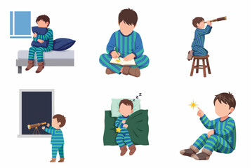 Little boy in pajamas bedtime routine and astronomy activities set illustration © Charitty