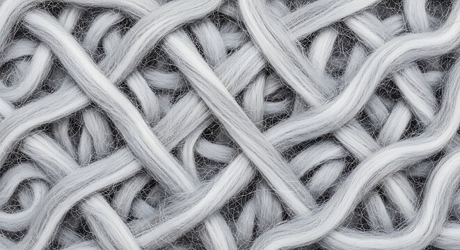 Macro shot of grey wool fiber texture with tangled threads and complex woven structure