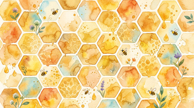 Vibrant watercolor honeycomb pattern with busy bees, delicate wildflowers, and golden dripping honey, creating a sweet and natural background texture.