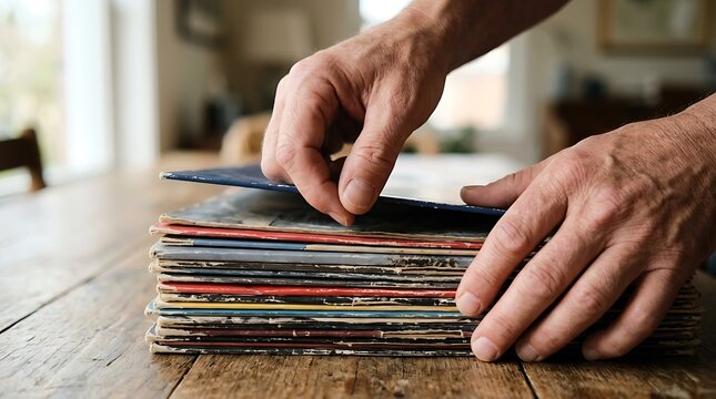 Close-up of a person sorting through a stack of vintage vinyl records on a wooden table, focusing on the textured edges of the colorful album covers