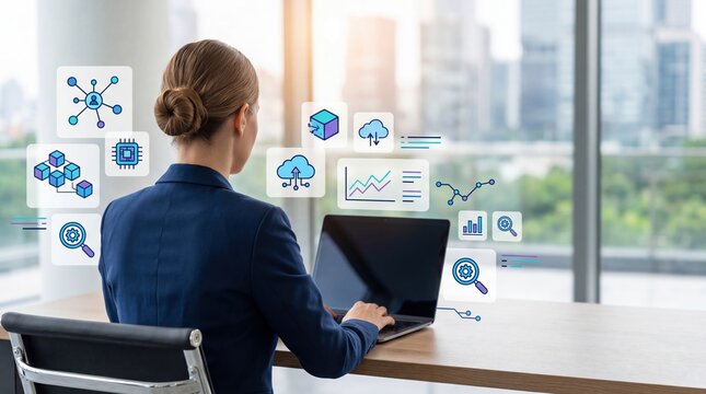 Businesswoman working on laptop with cloud computing and data analysis icons floating around, representing digital innovation and tech solutions in office