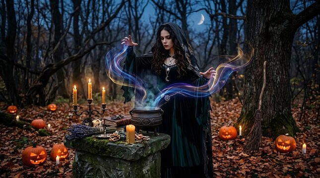 Enchanting witch performing magic in a dark forest with pumpkins and mystical energy