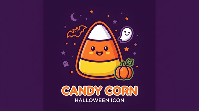 Cute Halloween candy corn vector illustration featuring a happy cartoon character with a pumpkin, ghost, and bat on purple