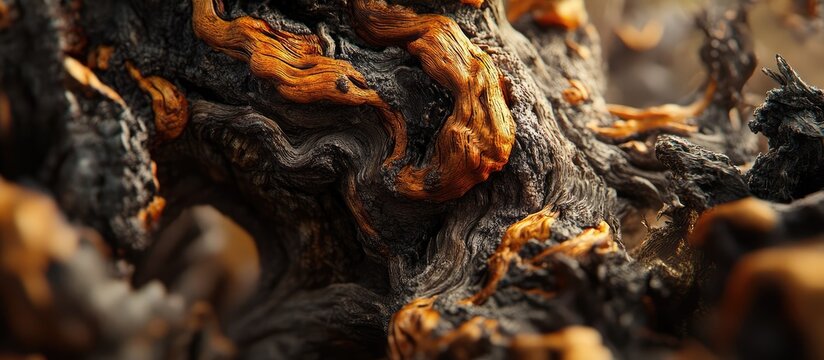 Detailed macro photography of organic tree bark texture featuring amber colored resin and dark weathered wood patterns