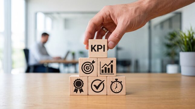 Hand stacking wooden blocks with KPI text and business icons, key performance indicators, success metrics, goal achievement, strategy planning
