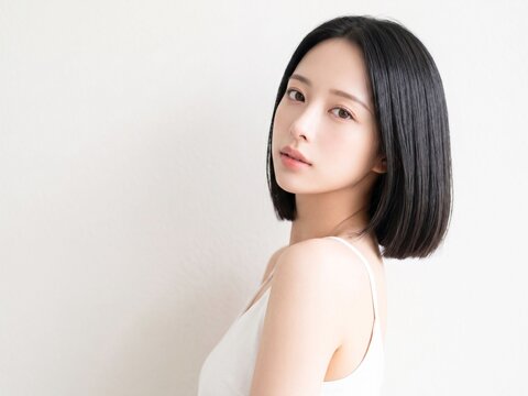 白いキャミソールを着た黒髪ボブの若い日本人女性が肩越しに振り向く、清潔感のあるスキンケア・美容広告向けポートレート