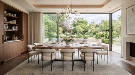 Fototapeta premium Modern dining room with large windows and garden view.