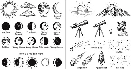 Set of astronomy and space icons showing solar system planets moons telescope and stars black and white sketch with astronomy telescope celestial exploration collection astrophysics © Kanon Islam