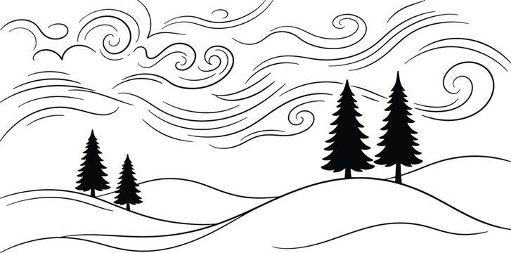 Winter landscape illustration with pine trees on snowy hills and windy cloudy sky black and white line art landscape illustration monochrome environment minimalist background template