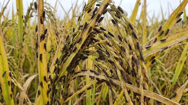 Rice planthopper insect pest infestation destroying agricultural crops on paddy field