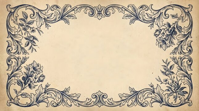 Floral baroque frame with antique botanical illustrations and ornate blue scrolling borders.