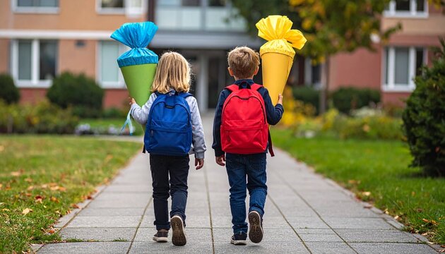 Zwei Erstkl&auml;ssler mit Schult&uuml;ten und Schulranzen auf dem Weg zur Einschulung