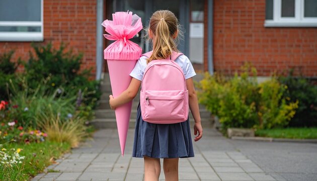 Einschulung M&auml;dchen mit rosa Schult&uuml;te Zuckert&uuml;te vor Grundschule
