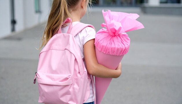 Schulanf&auml;ngerin mit rosa Schult&uuml;te und Rucksack auf dem Weg zur Einschulung