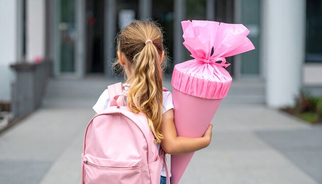 Einschulung M&auml;dchen mit rosa Schult&uuml;te Zuckert&uuml;te vor Grundschule