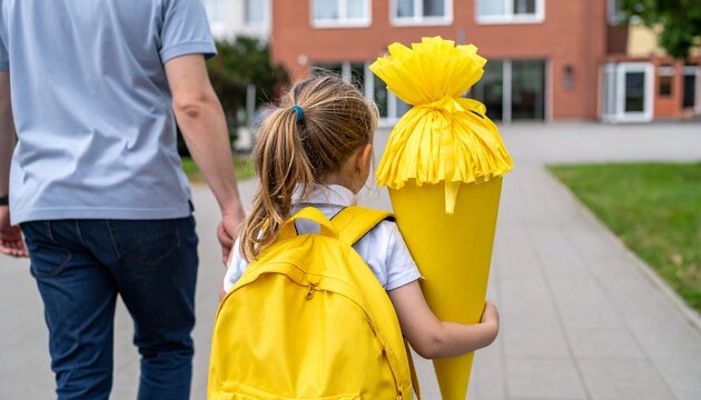 Erstkl&auml;sslerin mit Schult&uuml;te und Vater auf dem Weg zur Einschulung