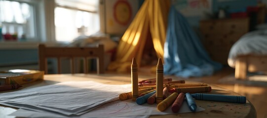 Fototapeta premium Child - sized table with blank paper and crayons in cozy playroom with blanket tent