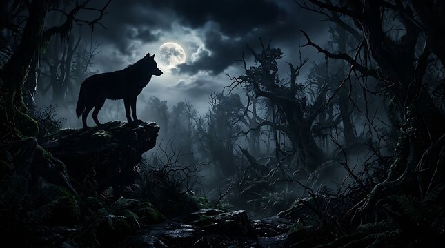 Majestic wolf silhouette against full moon in dark enchanted forest landscape