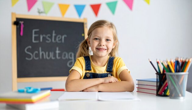 Erster Schultag M&auml;dchen am Schreibtisch im Klassenzimmer