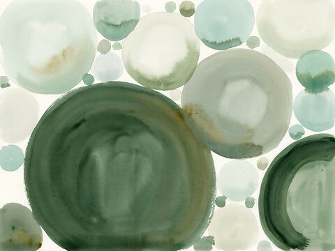 Abstract watercolor painting with various sizes of green and sage circles overlapping on a light cream background texture