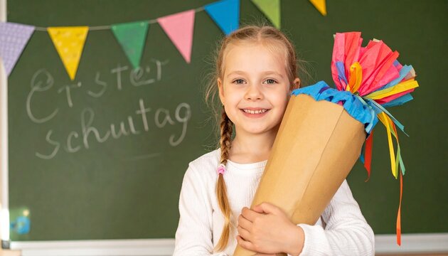 Einschulung M&auml;dchen mit Schult&uuml;te vor Schultafel