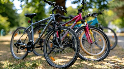 Fototapeta premium Bicycles parked near park path with dappled shadows and grass foreground
