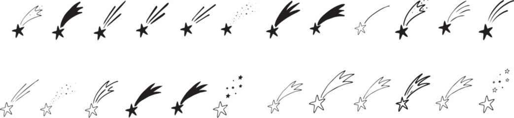 Collection of hand drawn shooting star vector elements with sparkling trails and comets for celestial night sky design patterns and magical space illustration concepts and starry art. © Obiron