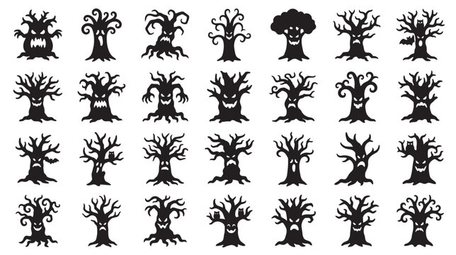 Spooky Halloween tree monster silhouette vector icon set, creepy haunted dead wood, editable stroke