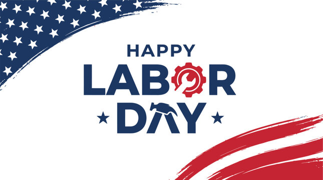 Happy labor day greeting card design with american flag colors and industrial gear icon element
