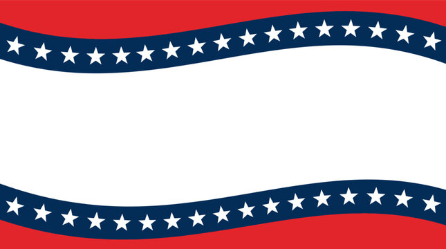Patriotic usa flag theme border with blue wavy lines and white stars on a red background