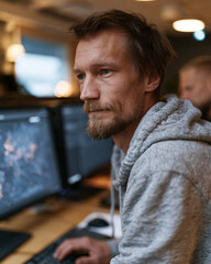 Fototapeta premium Focused man types at workstation in dimly lit office. Soft lighting highlights his thoughtful expression. Background suggests a quiet, productive workspace. Ideal for themes of concentration, work