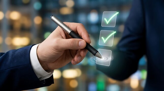 Hand in a suit using a stylus to mark checkmarks on a digital virtual checklist interface against a blurred office building background