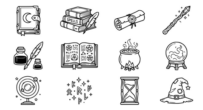 Fantasy Magic Symbols and Objects Collection: Spellbook, Wand, Crystal Ball, Cauldron, Hat