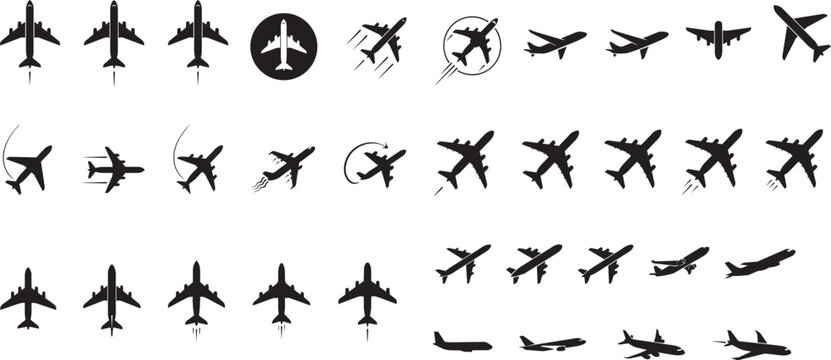 Large collection of airplane silhouette vector icons featuring various aircraft travel flight modes and commercial aviation logistics symbols isolated on transparent grid layout design.