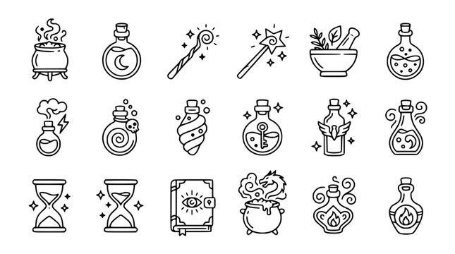 Magical Potion Icons Set: Witchcraft, Alchemy, Fantasy Elements, Outline Vector Art
