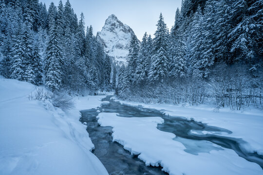 Frozen River Flowing Through Alpine Forest In Switzerland