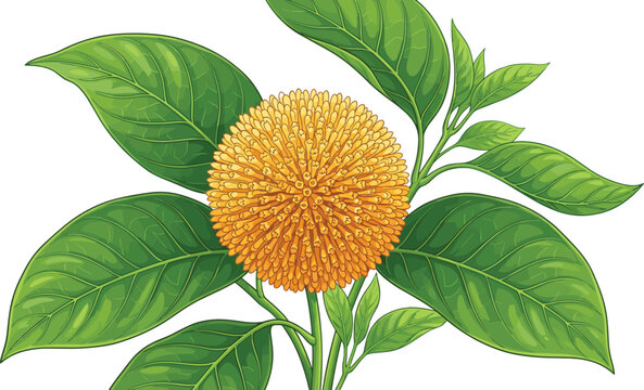 Burflower Tree Kadam Flower Vector Illustration with Golden Spherical Blossom and Green Leaves for Botanical Designs
