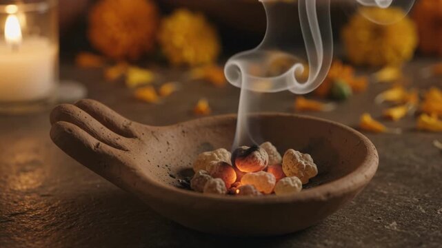 Copal Incense Burning on Day of the Dead Altar with Rising Smoke