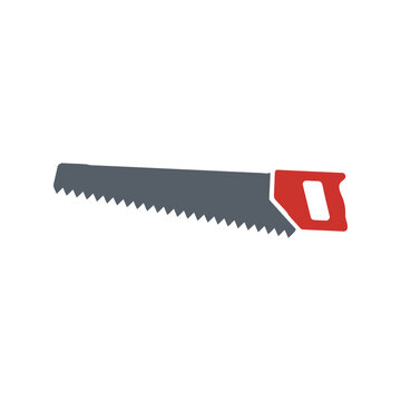 A simple hand saw tool with a grey blade and a red handle for construction and wood work
