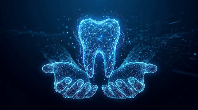 Glowing blue digital tooth held by wireframe hands on dark background