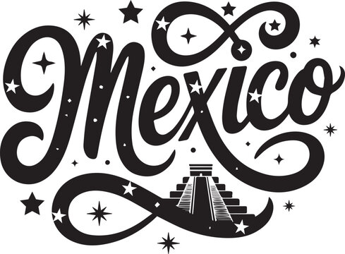 Mexico hand-lettered calligraphy with Mayan pyramid and stars, black and white Mexican souvenir typography vector, decorative travel lettering