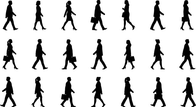 Black silhouettes of business people walking and commuting to work in a side view collection