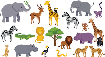 Cute African Safari Animals Cartoon Vector Set with Lion Elephant and Giraffe for Kids Education and Jungle Wildlife Illustration Designs © Farid