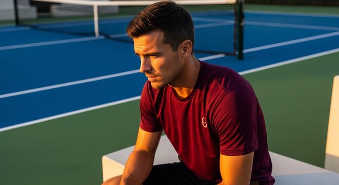 A young man in a red t-shirt sitting sadly on a bench near a blue tennis court. He looks down and feels disappointed, tired, or defeated after a game or workout during sunset.