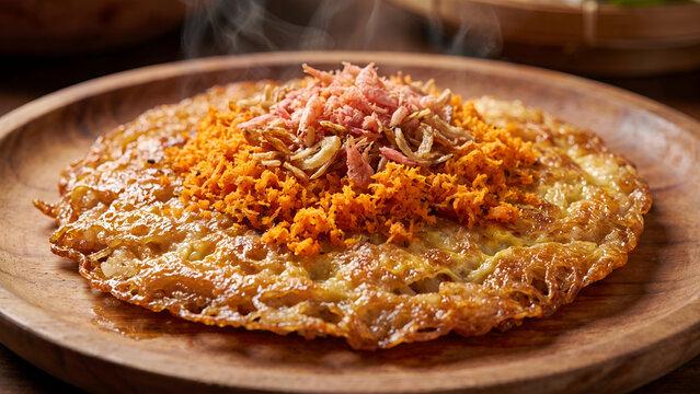 Traditional Indonesian Kerak Telor Crispy Glutinous Rice Omelette with Duck Egg Fried Shallots and Serundeng Coconut Topping Served Hot Close Up