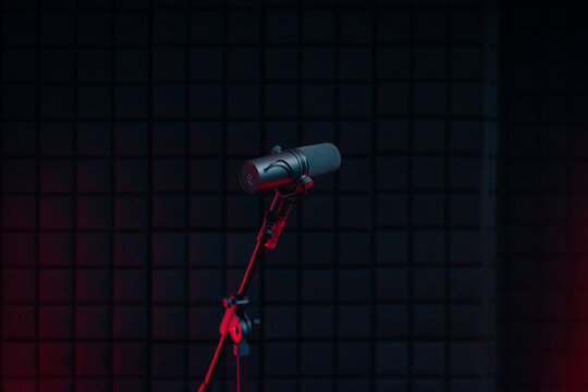 Microphone against soundproof wall in studio 