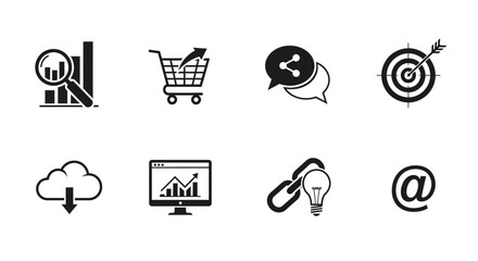 Business icons for marketing analysis with background including magnifying magnifying glass shopping collection black white shopping cart speech © Prema