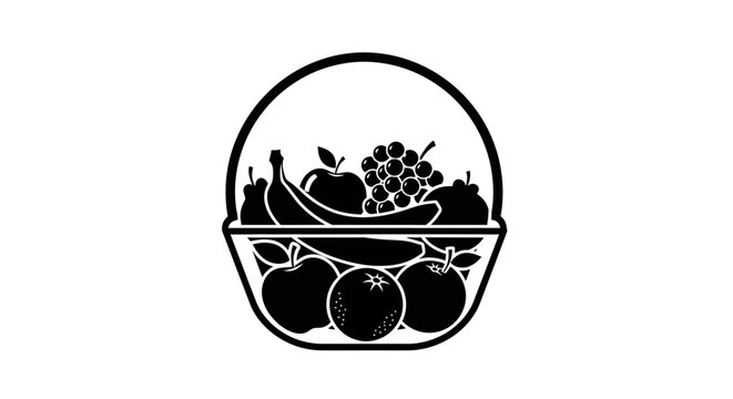 Black and white icon of a fruit basket containing apples bananas grapes and pears on a white background with black vector illustration filled various produce